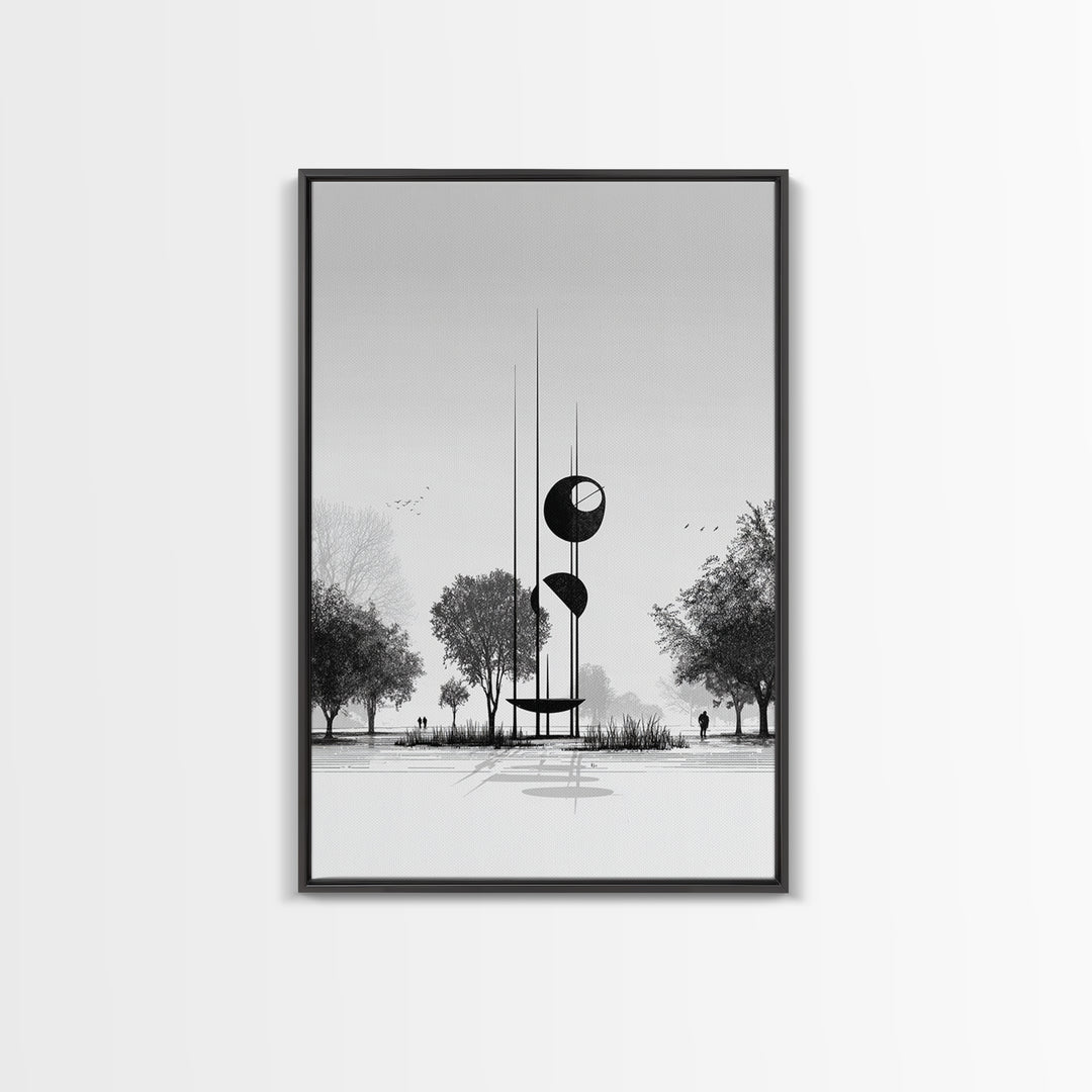 Black And White Modern Sculpture Wall Art, Minimalist Landscape Print, Contemporary Office Decor, Abstract Geometric Art