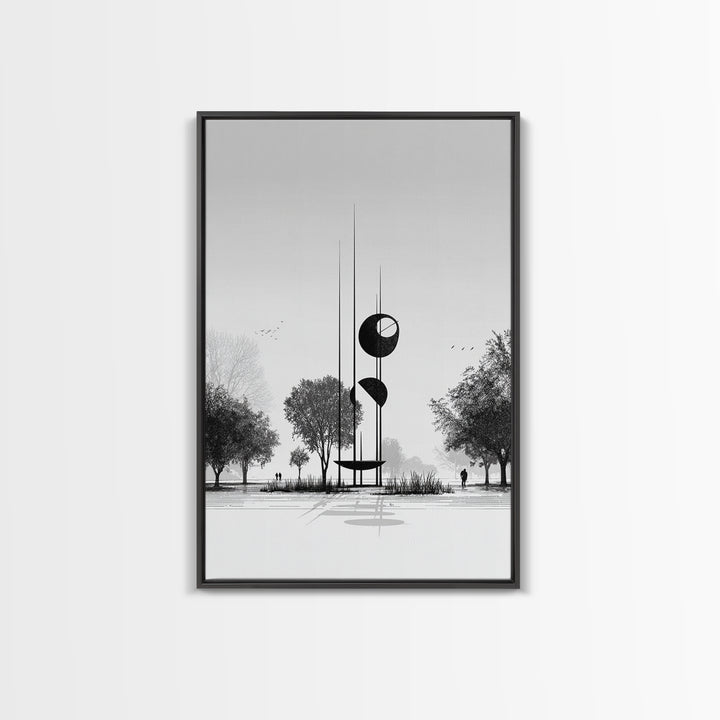 Black And White Modern Sculpture Wall Art, Minimalist Landscape Print, Contemporary Office Decor, Abstract Geometric Art