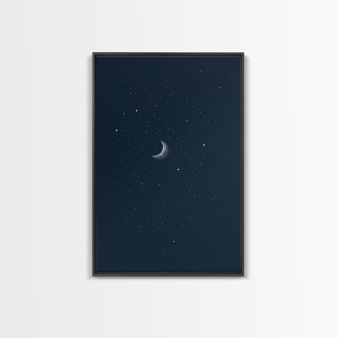 Navy Crescent Moon Starry Night Wall Art, Minimalist Celestial Print, Blue Bedroom Decor, Spiritual Modern Art Poster Gift