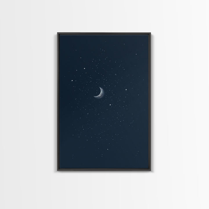 Navy Crescent Moon Starry Night Wall Art, Minimalist Celestial Print, Blue Bedroom Decor, Spiritual Modern Art Poster Gift
