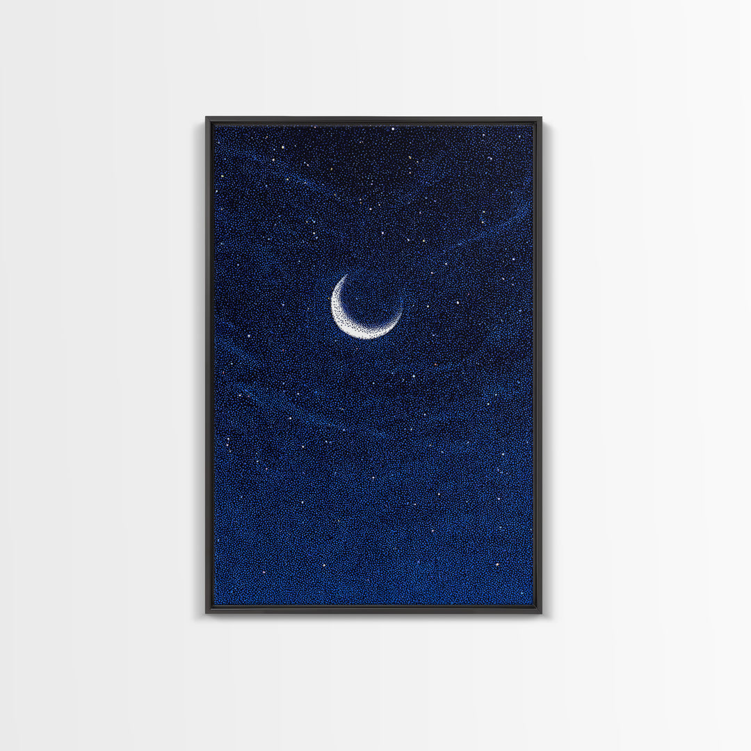 Deep Blue Crescent Moon Canvas Print, Starry Night Sky Wall Art, Minimalist Celestial Decor, Modern Bedroom Art Poster Print