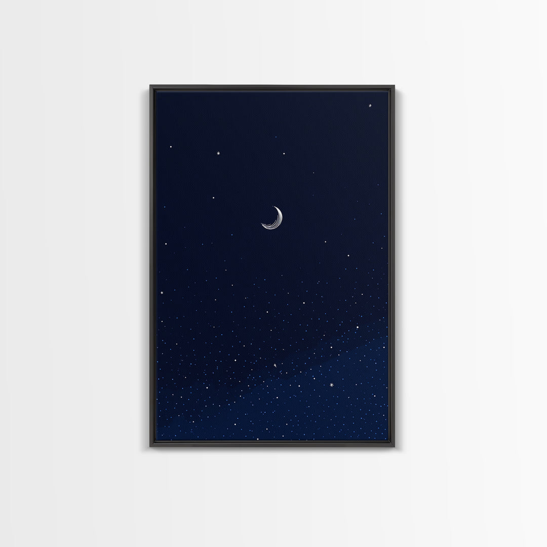 Dark Navy Crescent Moon Wall Art, Starry Sky Minimalist Print, Blue Celestial Decor, Modern Bedroom Poster, Spiritual Gift