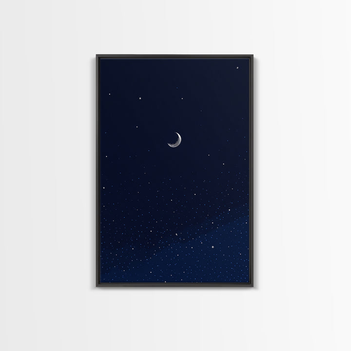Dark Navy Crescent Moon Wall Art, Starry Sky Minimalist Print, Blue Celestial Decor, Modern Bedroom Poster, Spiritual Gift