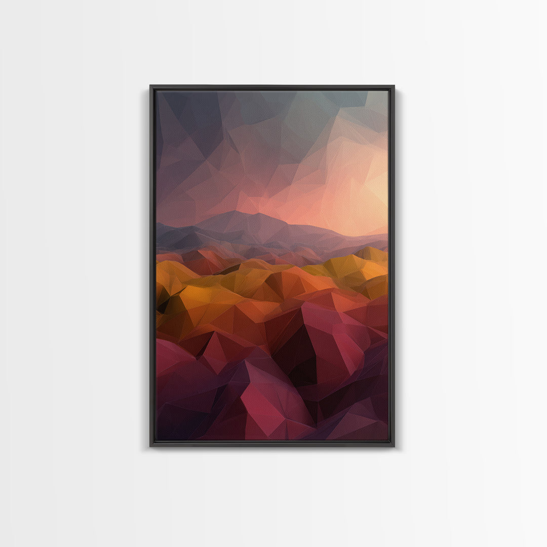 Low Poly Desert Sunset Over Red Hills Framed Canvas Print, Abstract Landscape Wall Art, Southwestern Decor, Modern Poster