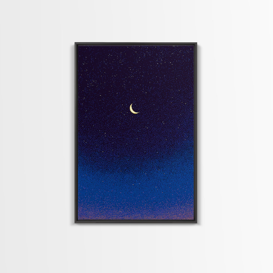 Purple Blue Crescent Moon Canvas Print, Starry Night Sky Wall Art, Celestial Bedroom Decor, Modern Spiritual Poster Gift