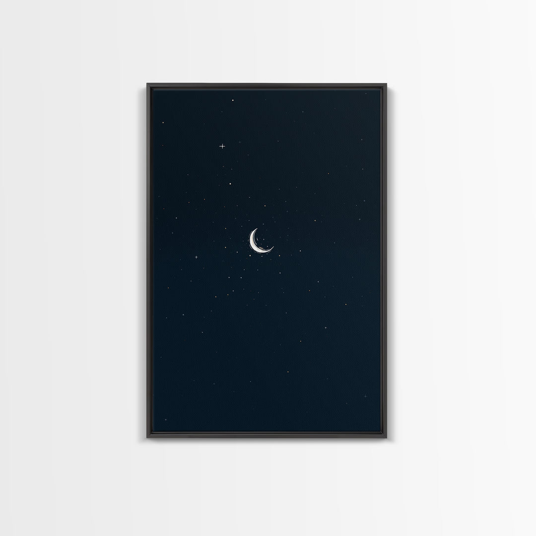 Minimal Crescent Moon Starry Night Wall Art, Celestial Dark Blue Poster, Modern Printable, Bedroom Decor, Mystic Nursery Print