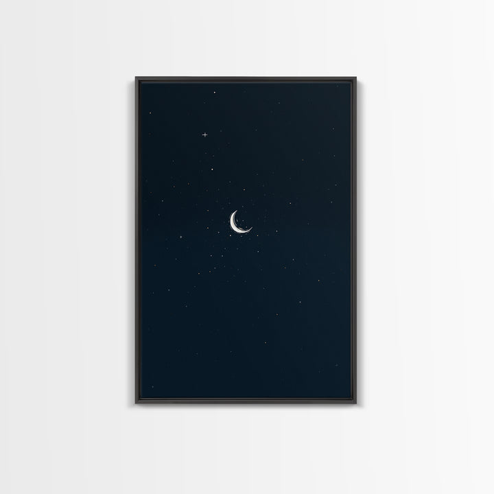 Minimal Crescent Moon Starry Night Wall Art, Celestial Dark Blue Poster, Modern Printable, Bedroom Decor, Mystic Nursery Print