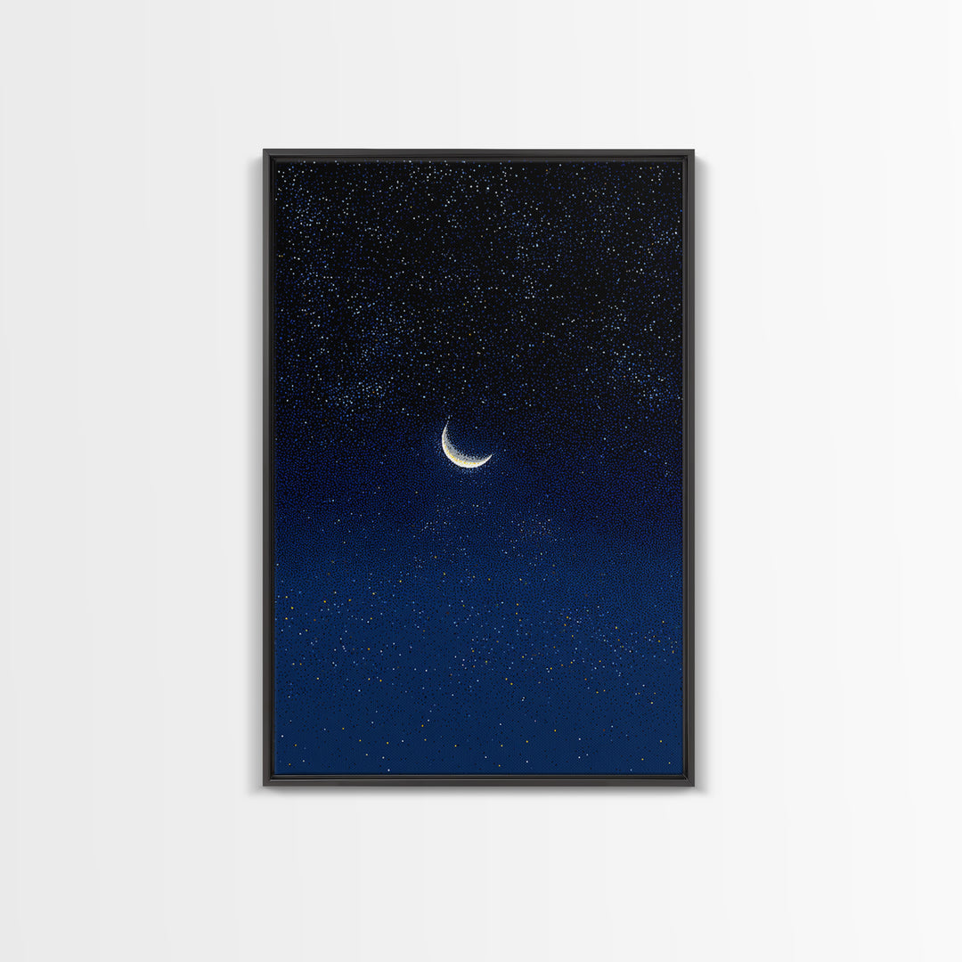 Glowing Crescent Moon Blue Star Field Canvas Print, Celestial Night Sky Poster, Modern Wall Decor, Dreamy Bedroom Art Print