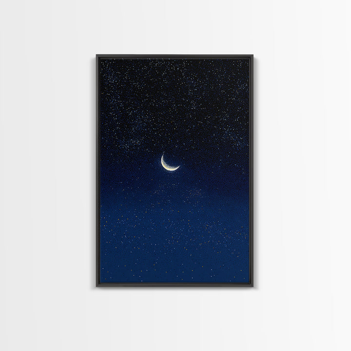 Glowing Crescent Moon Blue Star Field Canvas Print, Celestial Night Sky Poster, Modern Wall Decor, Dreamy Bedroom Art Print