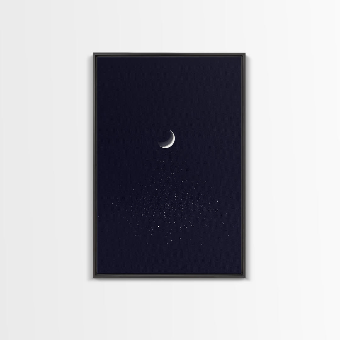 Silver Crescent Moon With Falling Stars Framed Canvas Print, Minimal Celestial Wall Decor, Navy Bedroom Art, Mystical Poster