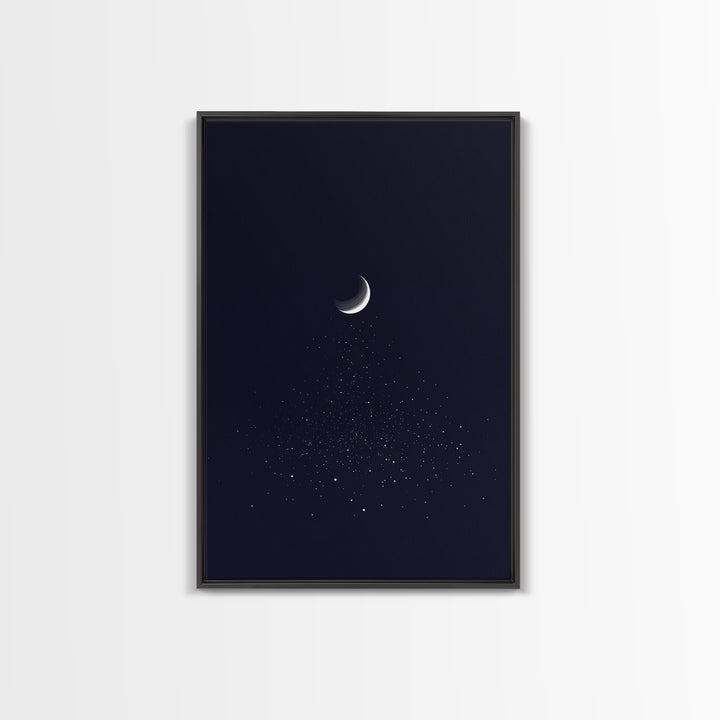Silver Crescent Moon With Falling Stars Framed Canvas Print, Minimal Celestial Wall Decor, Navy Bedroom Art, Mystical Poster