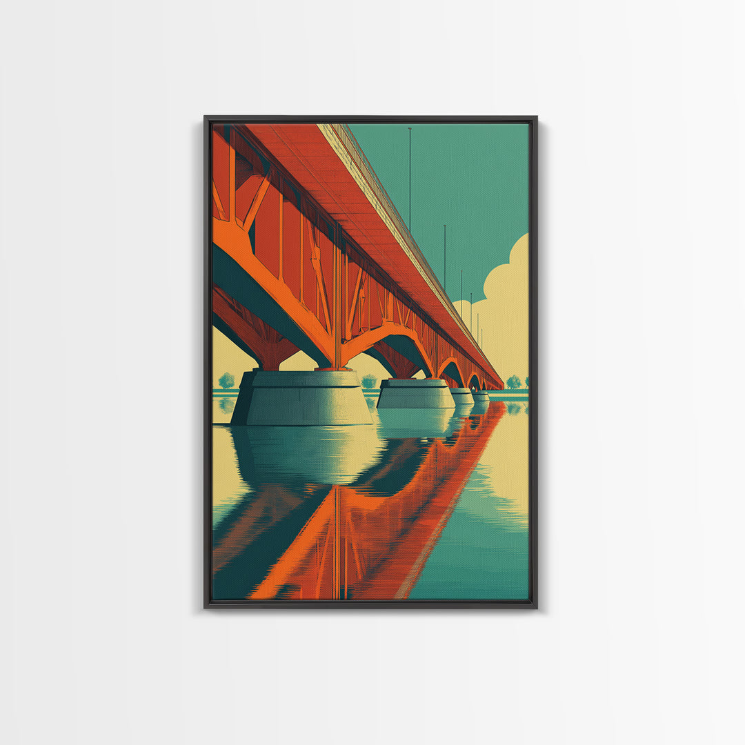 Orange Steel Bridge Reflection Wall Art, Retro Travel Poster, Midcentury Modern Decor, Architectural Art Print For Living Room