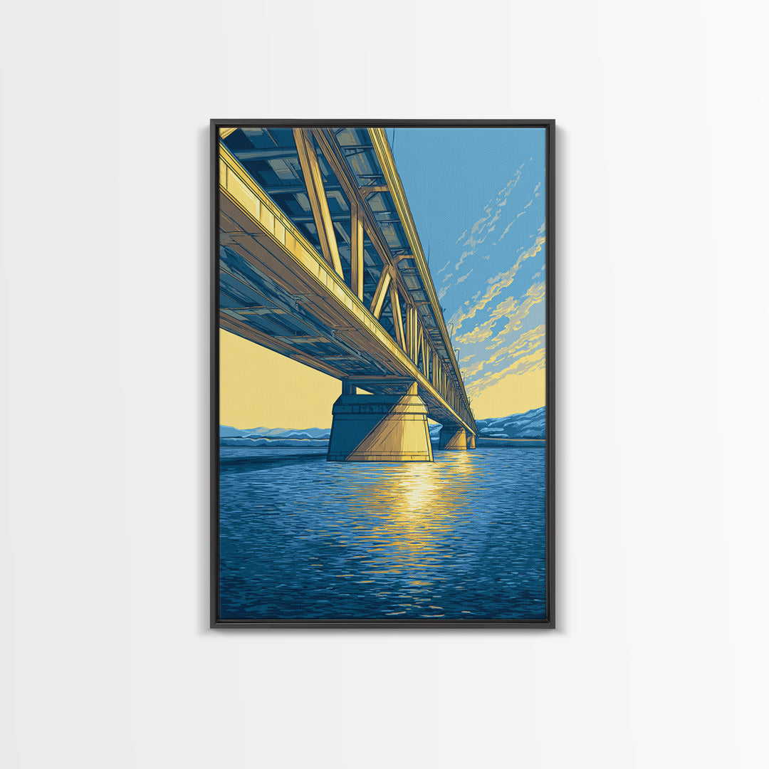Blue Golden Bridge At Sunset Framed Canvas Print, Scenic Landscape Wall Art, Modern Coastal Decor, Lake House Art Print Gift