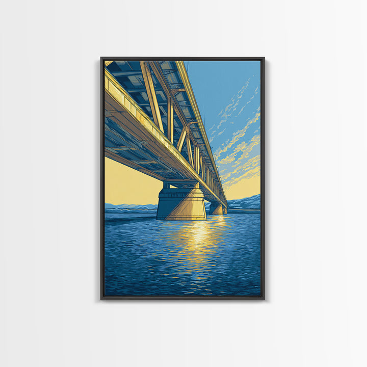 Blue Golden Bridge At Sunset Framed Canvas Print, Scenic Landscape Wall Art, Modern Coastal Decor, Lake House Art Print Gift