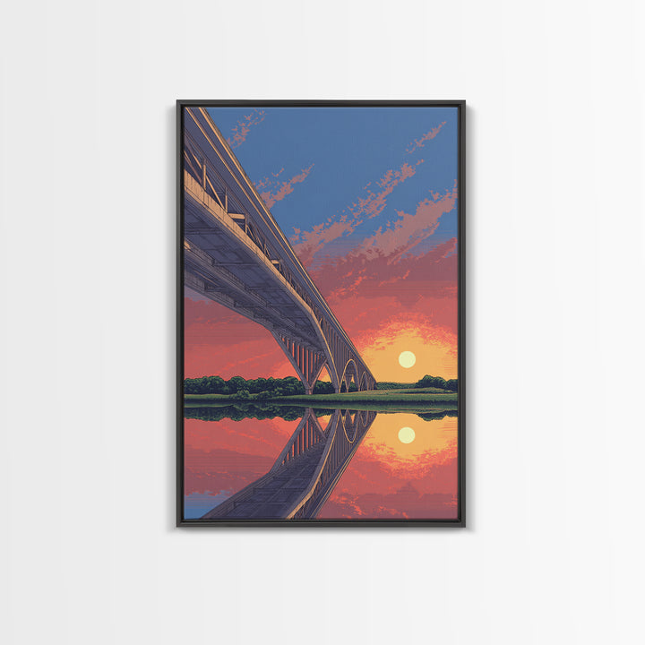Sunset Bridge Reflection Wall Art, Pink Orange Sky Landscape Poster, Retro Travel Print, Modern Home Decor, Scenic Canvas Print