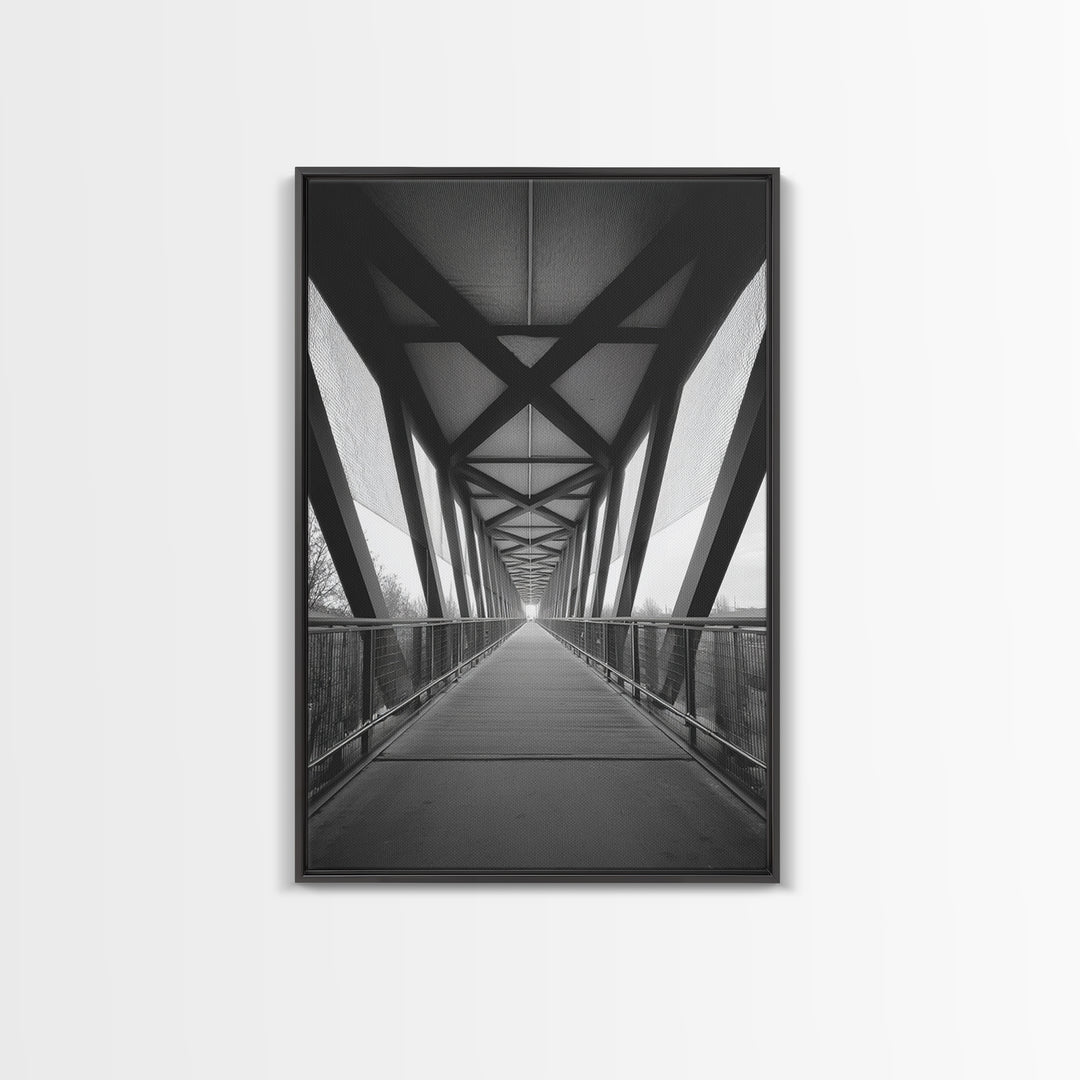 Black And White Pedestrian Bridge Wall Art, Architectural Perspective Print, Modern Office Decor, Minimalist Framed Canvas Print