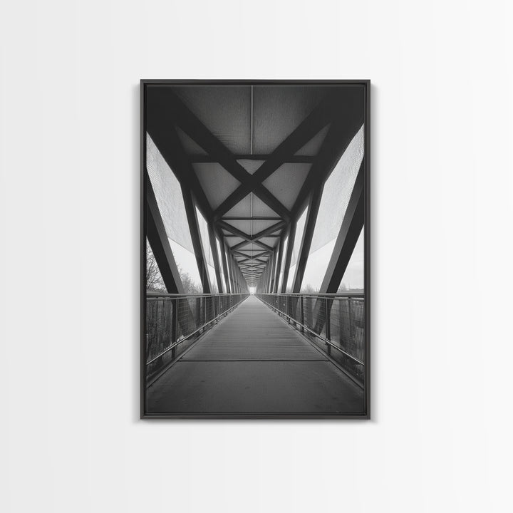 Black And White Pedestrian Bridge Wall Art, Architectural Perspective Print, Modern Office Decor, Minimalist Framed Canvas Print