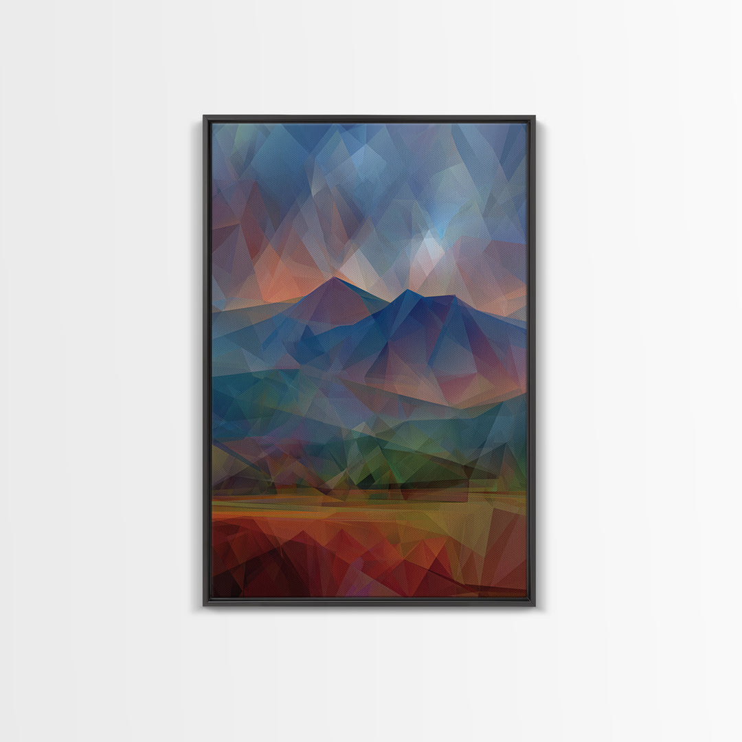Low Poly Blue Mountain Peaks At Dusk Canvas Print, Abstract Landscape Wall Art, Modern Home Decor, Scenic Nature Poster Print