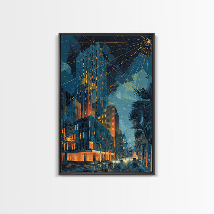 Glowing Art Deco Night City With Palms Wall Art, Mid Century Modern Poster, Retro Urban Decor, Blue Orange Living Room Print