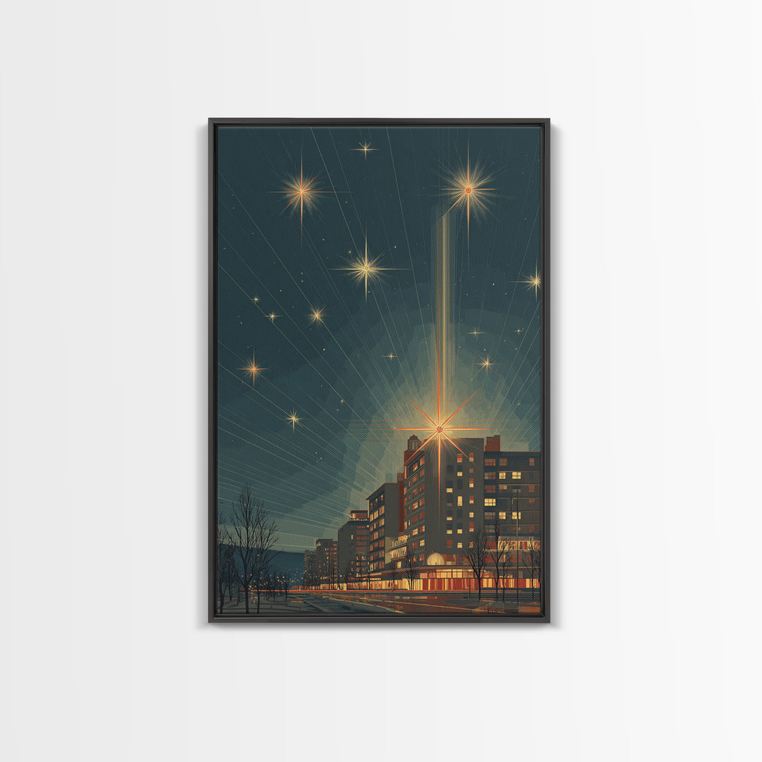 Radiant Starburst Skyline Over Waterfront Wall Art, Mid Century Modern City Print, Retro Night Decor, Office Poster Gift