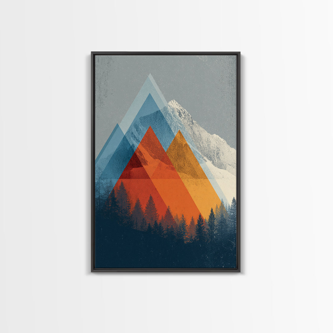 Snowy Alpine Peak With Orange Blue Triangles Framed Canvas Print, Mid Century Modern Wall Art, Forest Landscape Decor Print