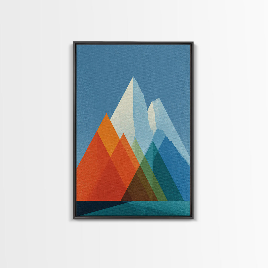 Minimalist Blue And Orange Mountain Triangles Wall Art, Mid Century Modern Canvas Print, Geometric Landscape Home Decor Gift