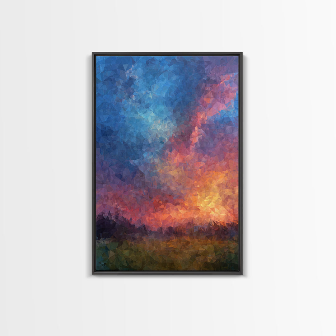Polygon Sunset Sky With Blue Pink Clouds Wall Art, Colorful Landscape Poster, Abstract Nature Art, Modern Bedroom Decor Print