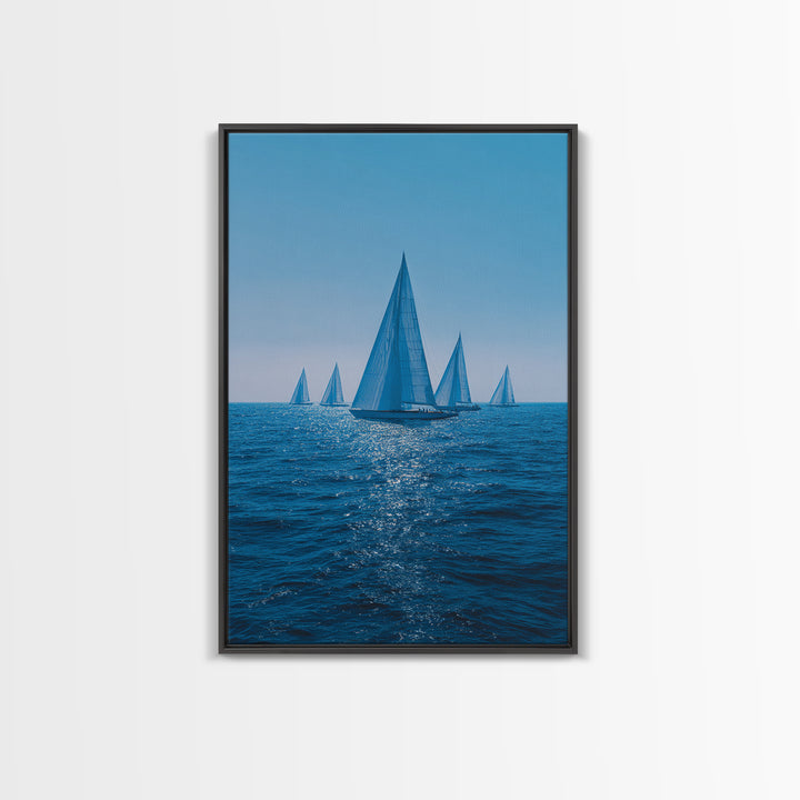 Blue Sailboats On Sparkling Ocean Wall Art, Mid Century Modern Canvas Print, Nautical Coastal Decor, Beach House Poster Gift
