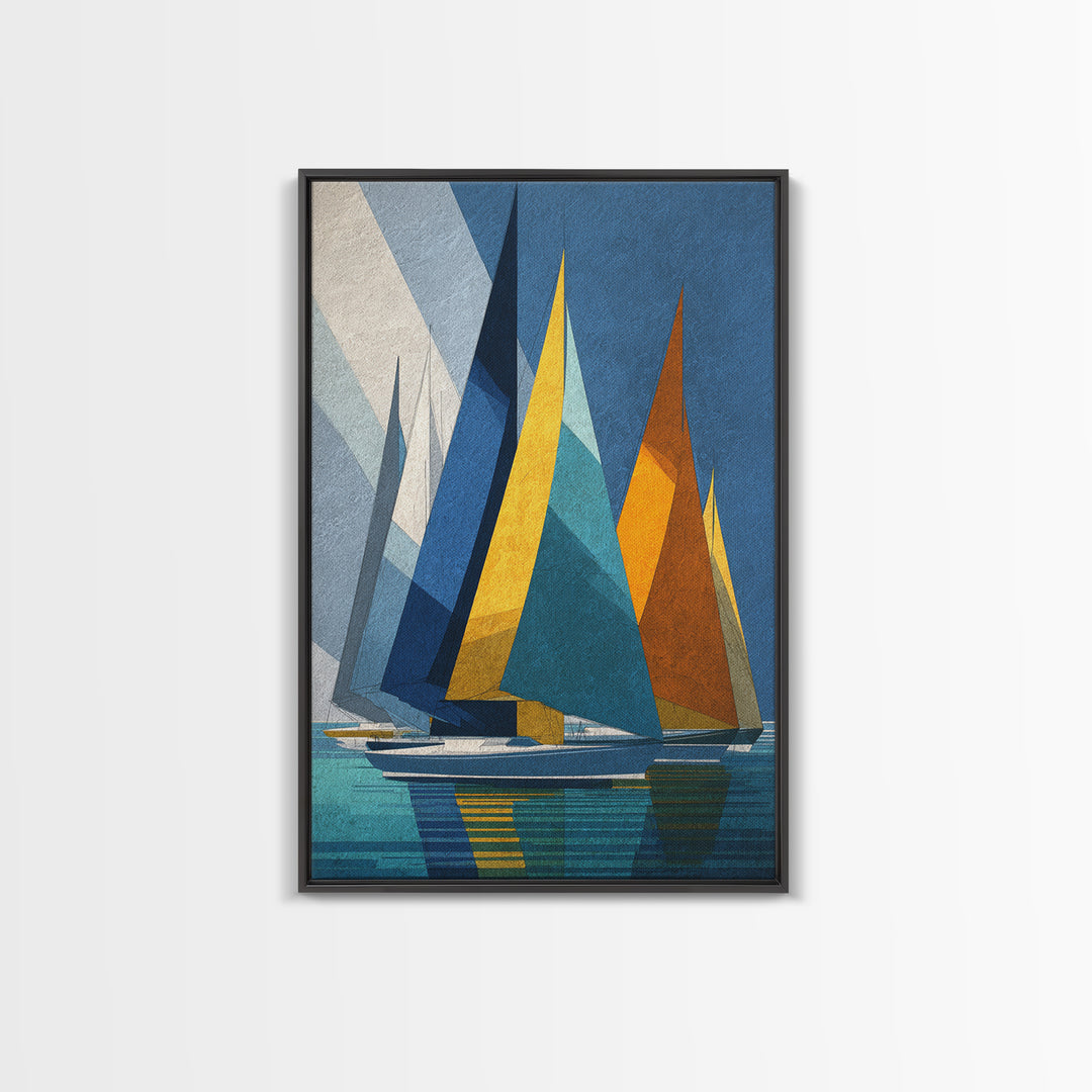 Geometric Sailboats With Yellow And Orange Sails Canvas Print, Midcentury Modern Wall Art, Coastal Nautical Decor, Boat Lover Gift