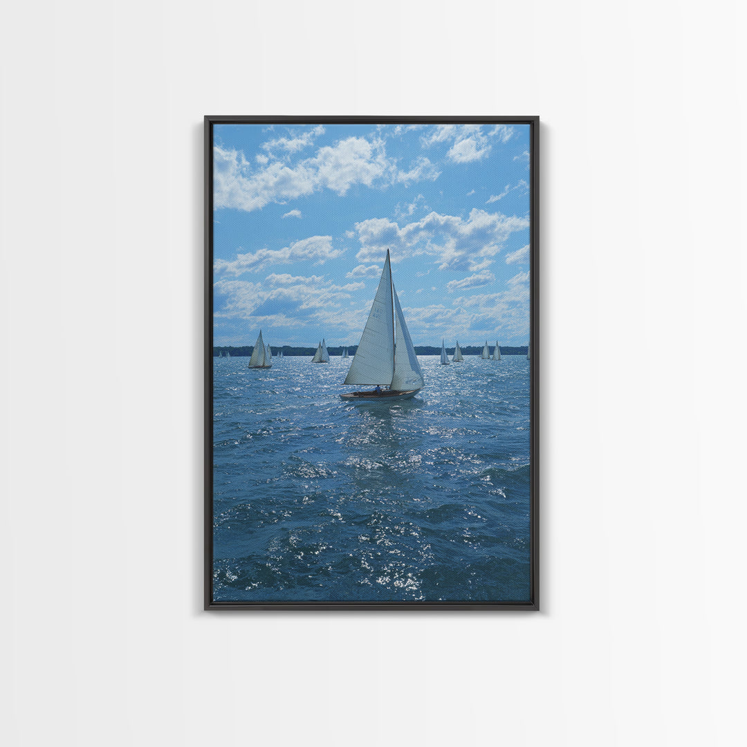 White Sailboats On Sparkling Blue Lake Wall Art, Coastal Travel Poster, Nautical Living Room Decor, Boat Lover Gift, Office Decor