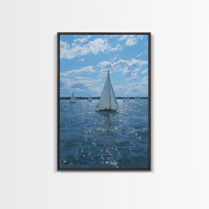 White Sailboats On Sparkling Blue Lake Wall Art, Coastal Travel Poster, Nautical Living Room Decor, Boat Lover Gift, Office Decor