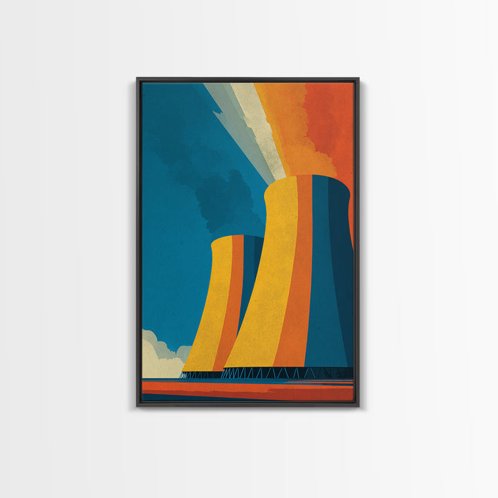 Orange Teal Cooling Towers Canvas Print, Industrial Architecture Wall Art, Retro Modern Decor, Bold Energy Poster, Office Statement Piece