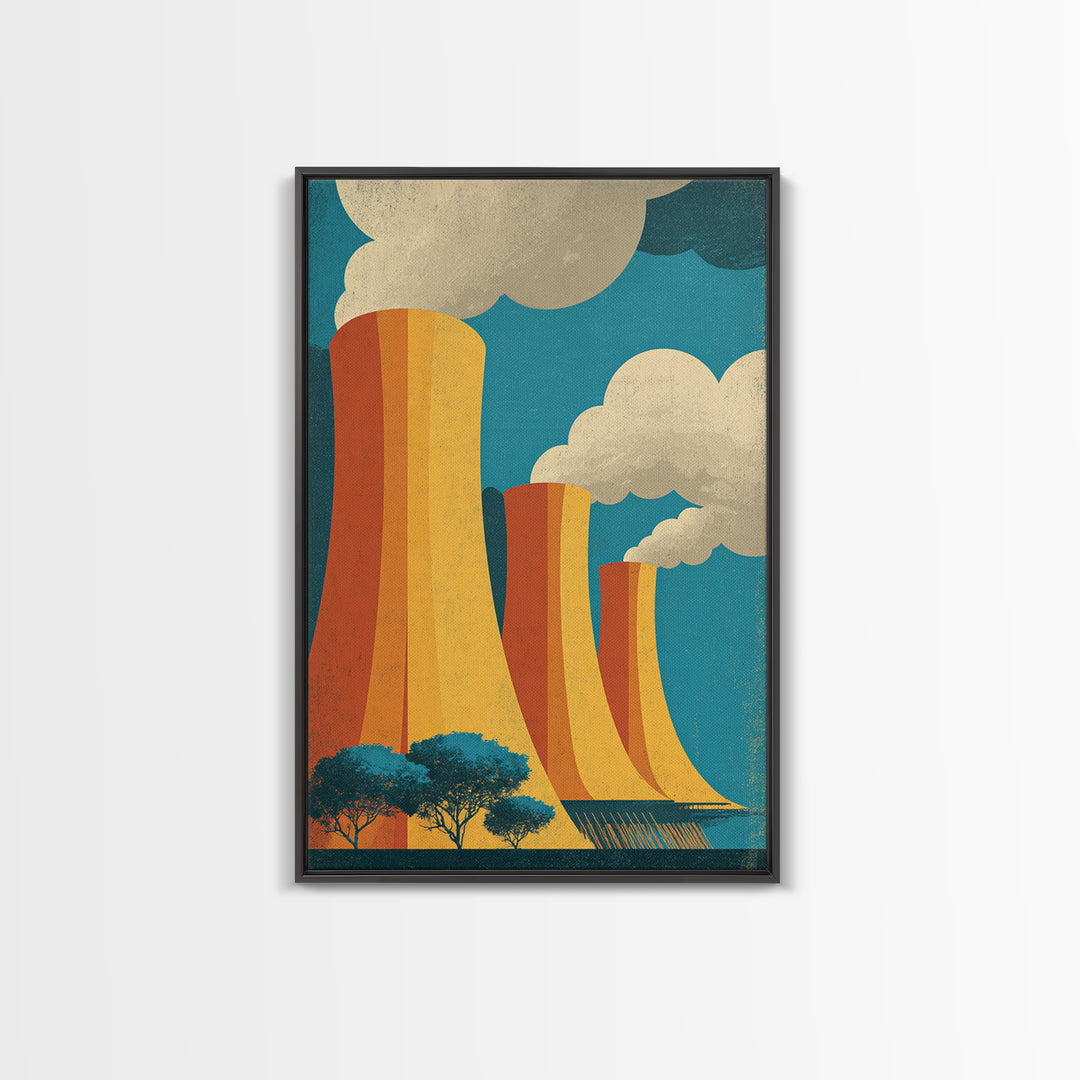 Three Orange Cooling Towers With Steam Framed Canvas Print, Industrial Wall Art, Retro Modern Decor, Power Plant Posters