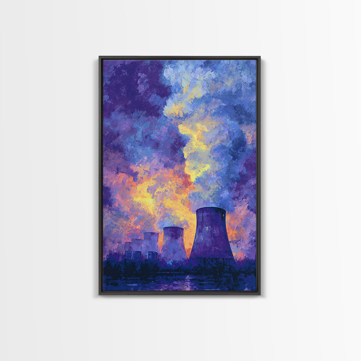 Purple Sunset Cooling Towers With Colorful Smoke Wall Art, Industrial Modern Art Print, Dramatic Office Decor, Energy Poster