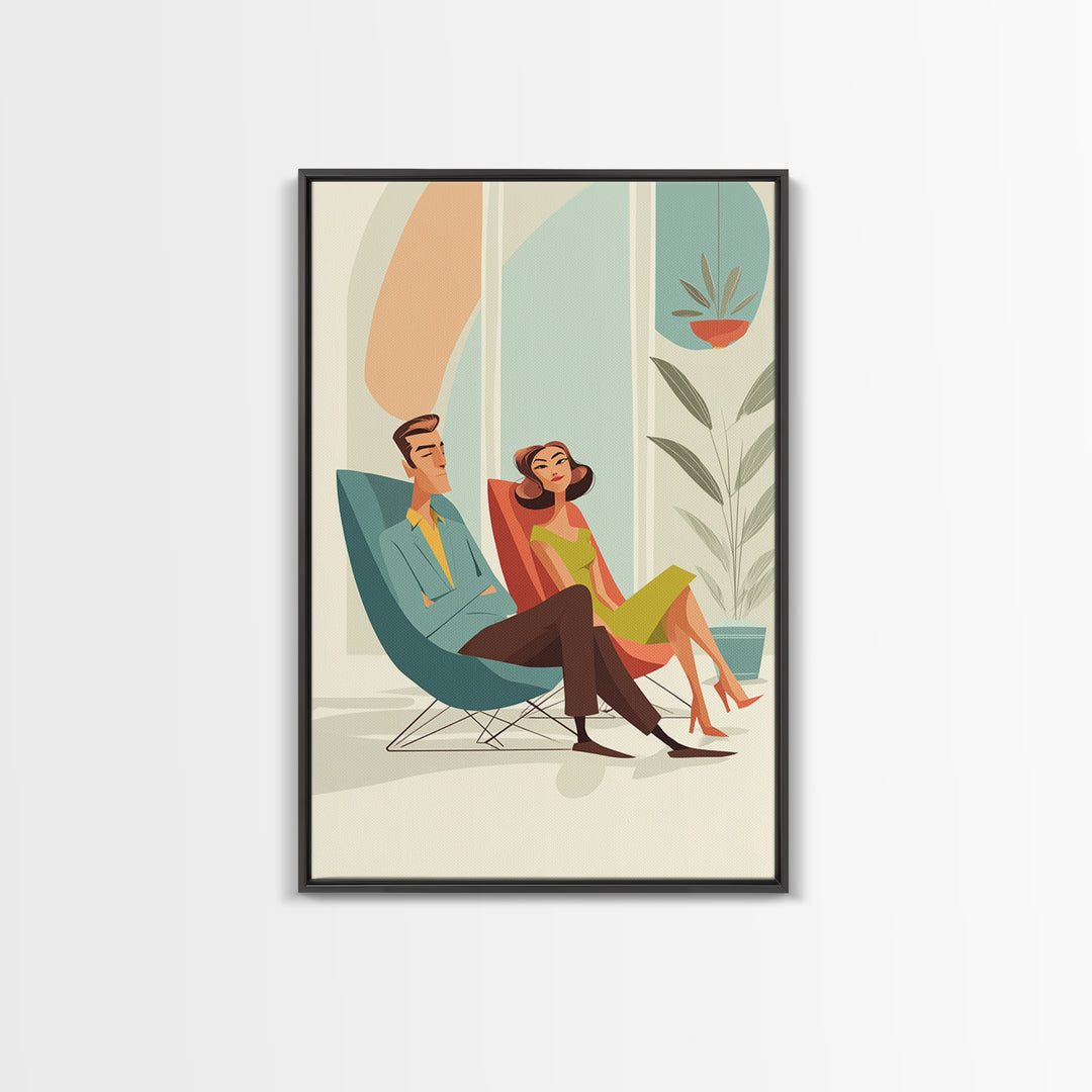 Elegant Midcentury Couple In Teal Chair Framed Canvas Print, Modern Wall Art, Retro Home Decor, MCM Gallery Wall Print Gift