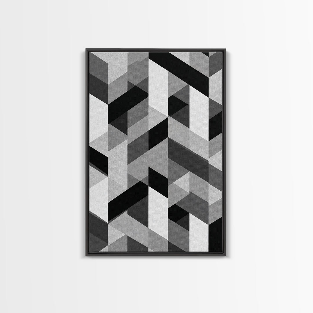 Grayscale Cubist Geometric Pattern Wall Art, Modern Abstract Art Print, Black White Office Decor, MCM Home Decor Canvas Print