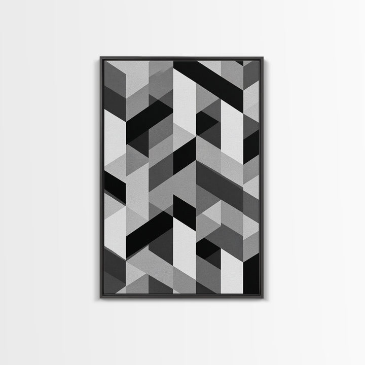 Grayscale Cubist Geometric Pattern Wall Art, Modern Abstract Art Print, Black White Office Decor, MCM Home Decor Canvas Print