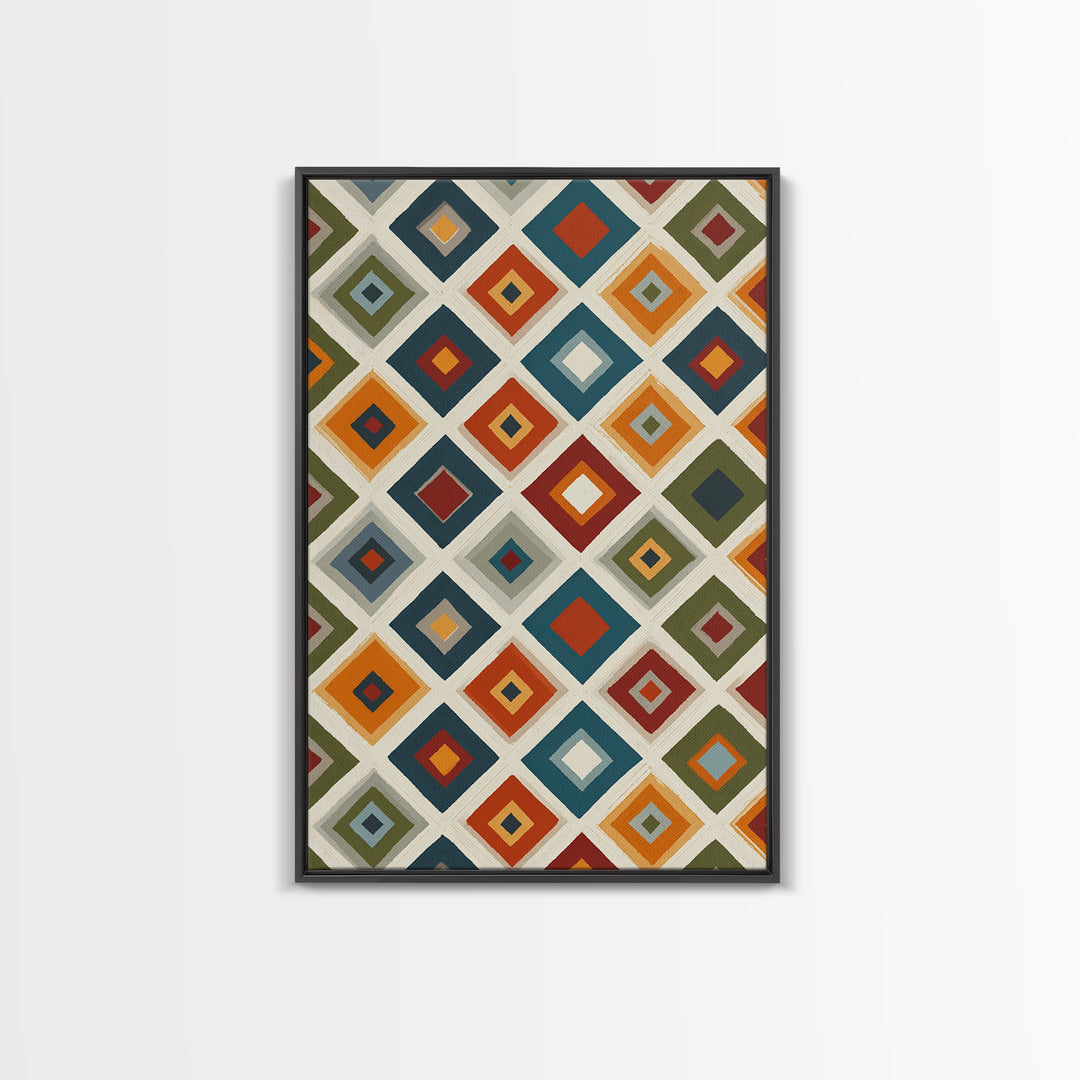 Retro Diamond Tile Pattern Wall Art, Midcentury Modern Decor, Geometric Canvas Print, Earth Tone MCM Gallery Wall Decor Print