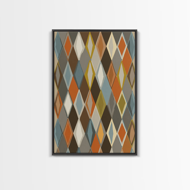 Earthy Argyle Diamond Pattern Framed Canvas Print, Mid Century Modern Wall Decor, Retro Geometric Abstract Art, Orange Blue