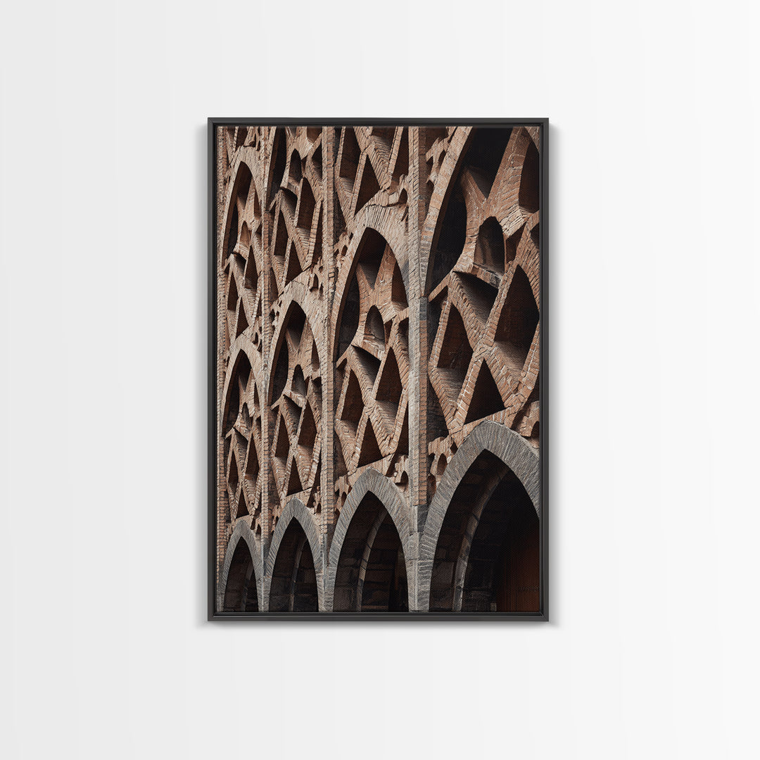 Brick Arch Facade Architecture Canvas Print, Geometric Gothic Arches Wall Decor, Modern Rustic Photo Art, Brown Black Texture