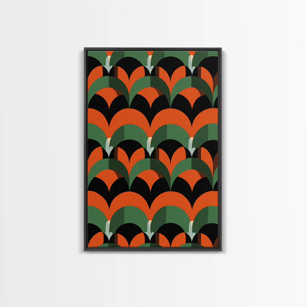 Orange Green Art Deco Fan Pattern Wall Art, Mid Century Modern Abstract Print, Retro Scallop Decor, Bold Black Canvas Home Decor