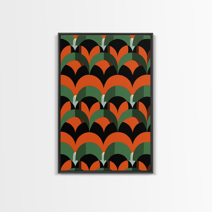 Orange Green Art Deco Fan Pattern Wall Art, Mid Century Modern Abstract Print, Retro Scallop Decor, Bold Black Canvas Home Decor