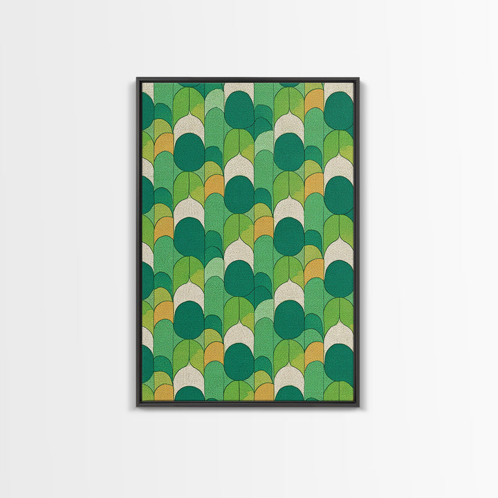 Green Botanical Oval Leaf Pattern Canvas Print, Mid Century Modern Wall Decor, Retro Nature Art, Textured Sage Teal Yellow