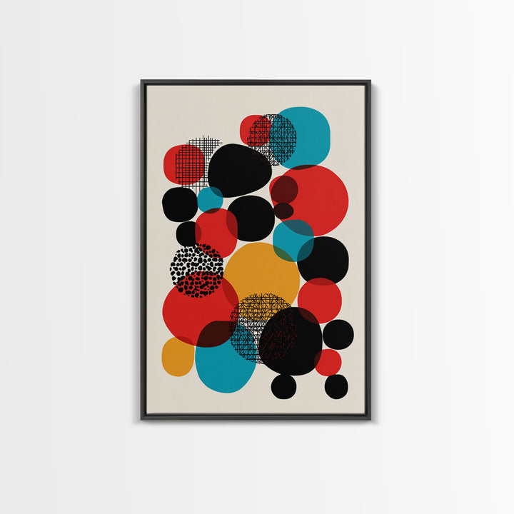 Red Teal Black Circle Cluster Canvas Print, Mid Century Modern Abstract Art, Retro Geometric Wall Decor, Mustard Cream Poster