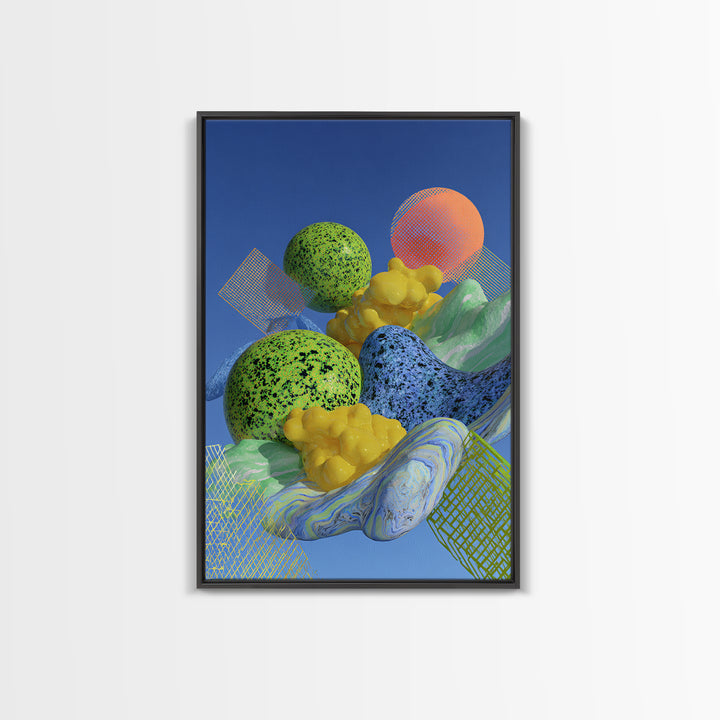 Surreal Speckled Planets And Mesh Mountains Canvas Print, Bright Midcentury Modern Abstract Wall Decor, Colorful Retro Art