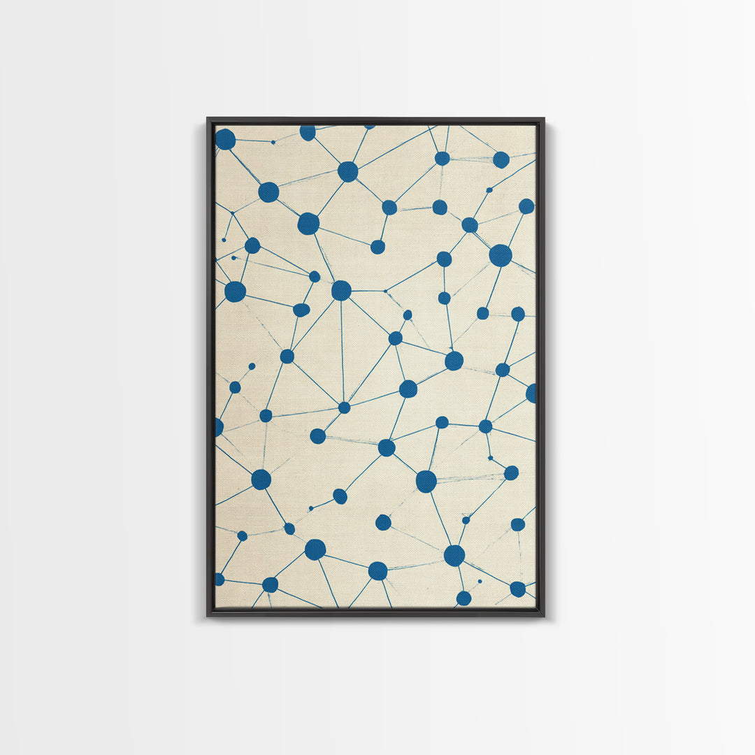 Blue Constellation Dot Pattern Canvas Print, Midcentury Modern Geometric Wall Art, Minimal Abstract Linen Home Office Decor