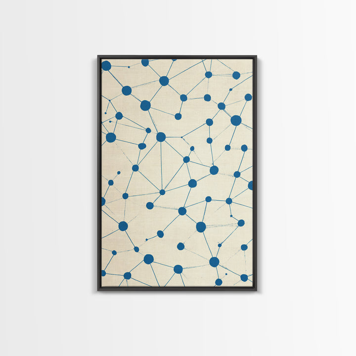 Blue Constellation Dot Pattern Canvas Print, Midcentury Modern Geometric Wall Art, Minimal Abstract Linen Home Office Decor