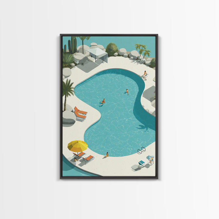 Aerial Desert Pool With Palms Wall Art, Midcentury Modern Palm Springs Print, Retro Vacation Resort Living Room Home Decor