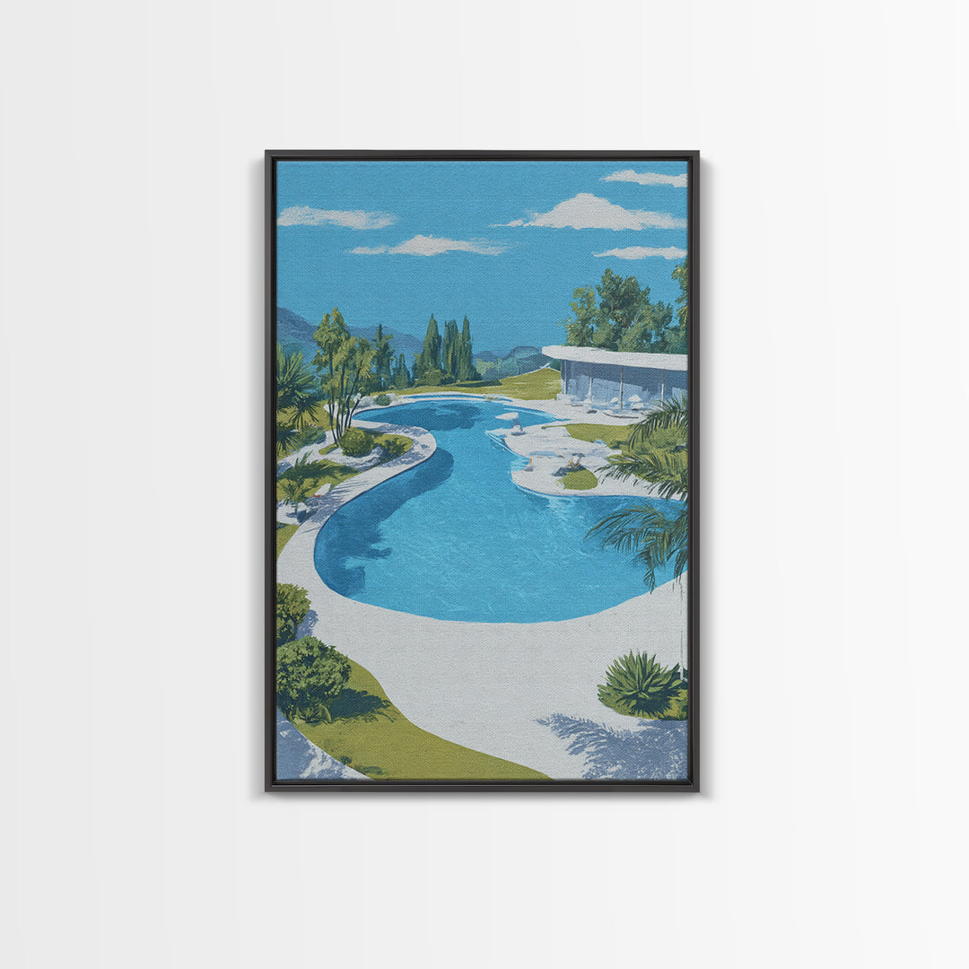 Midcentury Pool And Glass House Landscape Canvas Print, Palm Springs Modern Wall Art, Retro Architecture Living Room Home Decor
