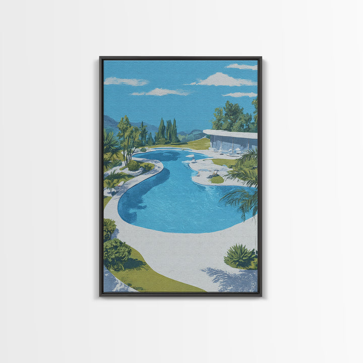 Midcentury Pool And Glass House Landscape Canvas Print, Palm Springs Modern Wall Art, Retro Architecture Living Room Home Decor